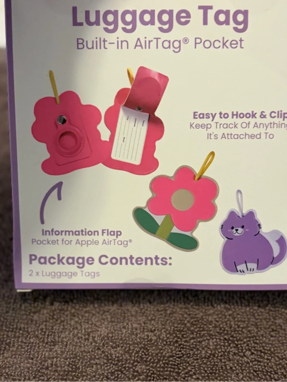 Kids Luggage Tag Set with Built-in AirTag Pocket - Purple & Pink